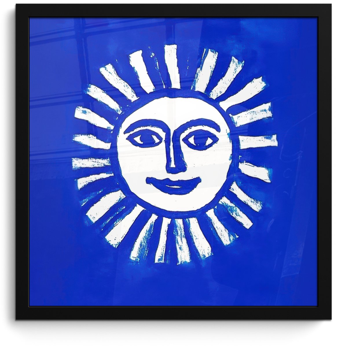 FrameYourWall Poster in lijst - Fotolijst 40x40 cm - Posters - Zon - Gezicht - Penseelstructuur - Blauw - Posterlijst zwart - Decoratie - Wanddecoratie woonkamer - Muurdecoratie slaapkamer
