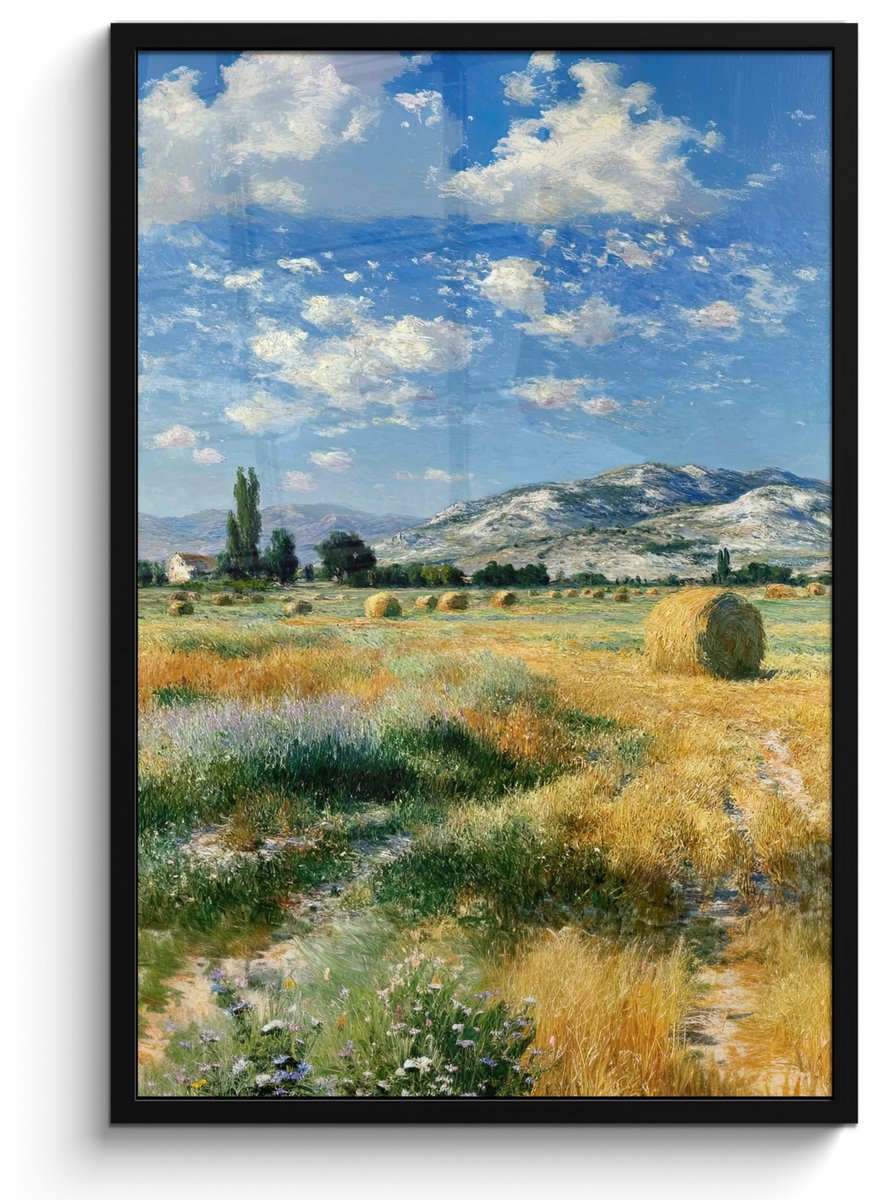 FrameYourWall Poster in lijst - Fotolijst 60x90 cm - Posters - Landschap - Strobalen - Bergen - Wolken - Posterlijst zwart - Decoratie - Wanddecoratie woonkamer - Muurdecoratie slaapkamer