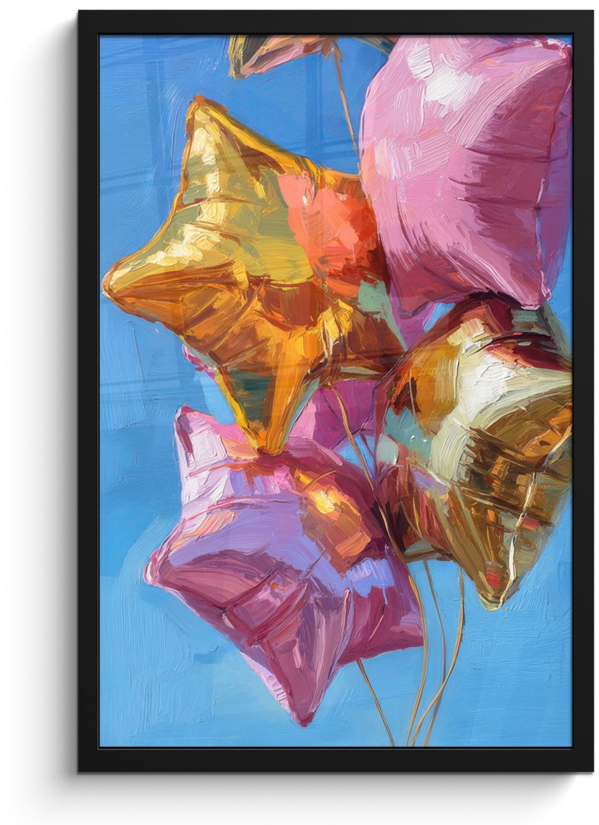 FrameYourWall Poster in lijst - Fotolijst 40x60 cm - Posters - Ballonnen - Goud - Stervorm - Roze - Posterlijst zwart - Decoratie - Wanddecoratie woonkamer - Muurdecoratie slaapkamer