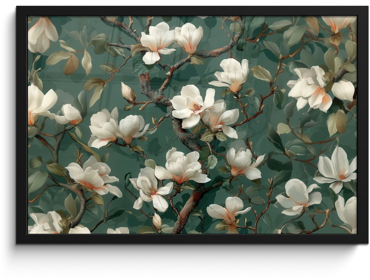 FrameYourWall Poster in lijst - Fotolijst 60x40 cm - Posters - Bloemen - Takken - Wit - Klassiek - Posterlijst zwart - Decoratie - Wanddecoratie woonkamer - Muurdecoratie slaapkamer