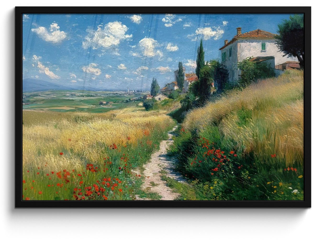 FrameYourWall Poster in lijst - Fotolijst 90x60 cm - Posters - Zandpad - Huis - Bomen - Grasveld - Posterlijst zwart - Decoratie - Wanddecoratie woonkamer - Muurdecoratie slaapkamer