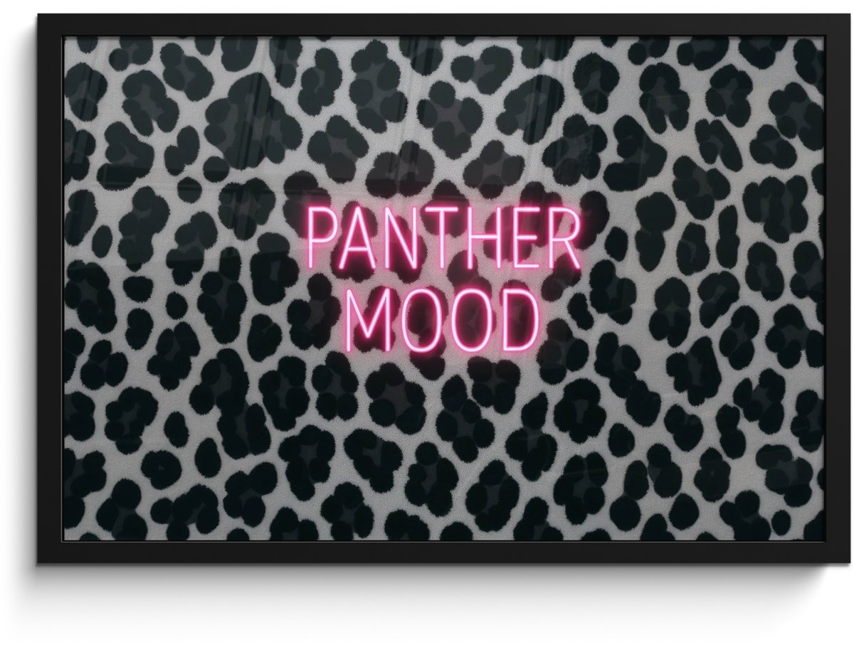 FrameYourWall Poster in lijst - Fotolijst 60x40 cm - Posters - Panterprint - Zwart - Neonletters - Roze - Posterlijst zwart - Decoratie - Wanddecoratie woonkamer - Muurdecoratie slaapkamer Panterprint - Tekst