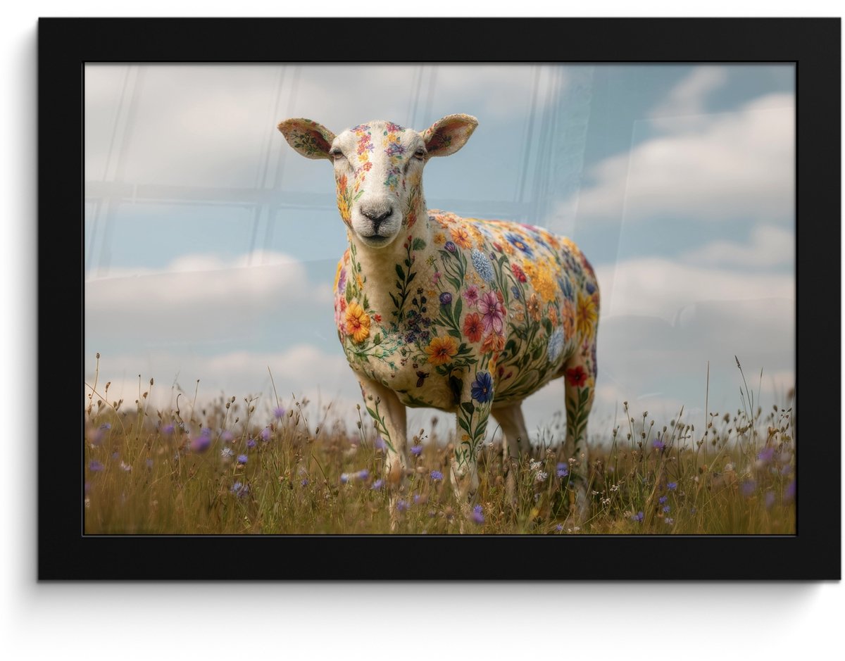 FrameYourWall Poster in lijst - Fotolijst 30x20 cm - Posters - Schaap - Bloemen - Weide - Posterlijst zwart - Decoratie - Wanddecoratie woonkamer - Muurdecoratie slaapkamer