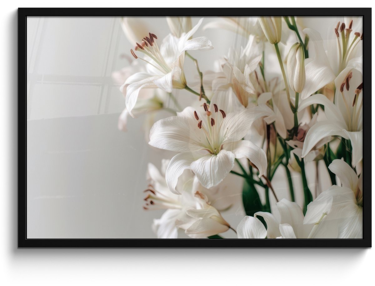 FrameYourWall Poster in lijst - Fotolijst 90x60 cm - Posters - Lelies - Boekte - Wit - Meeldraden - Posterlijst zwart - Decoratie - Wanddecoratie woonkamer - Muurdecoratie slaapkamer Lelies - Meeldraden