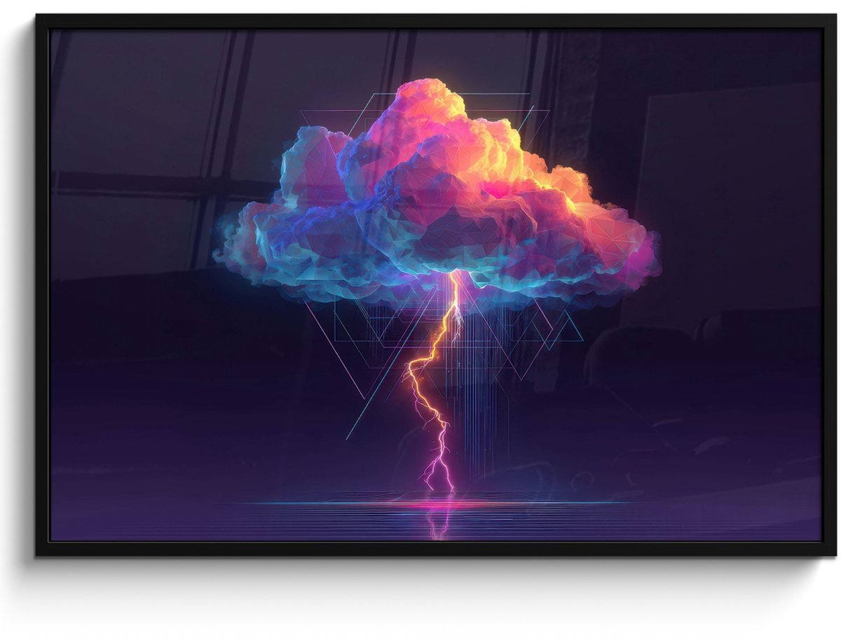 FrameYourWall Poster in lijst - Fotolijst 120x80 cm - Posters - Donderwolk - Bliksemschicht - Licht - Blauw - Posterlijst zwart - Decoratie - Wanddecoratie woonkamer - Muurdecoratie slaapkamer Wolk - Bliksemschicht - Driehoeken