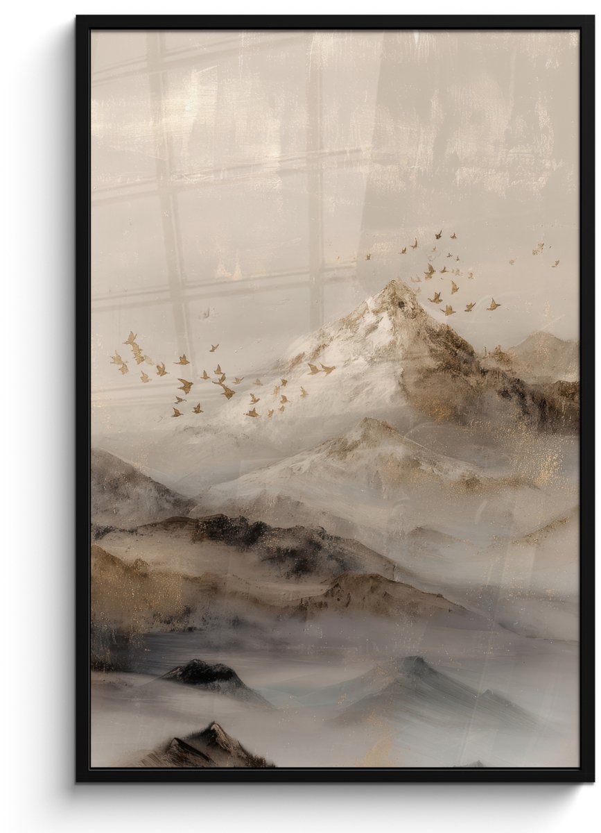 FrameYourWall Poster in lijst - Fotolijst 80x120 cm - Posters - Berglandschap - Mist - Penseelstreken - Posterlijst zwart - Decoratie - Wanddecoratie woonkamer - Muurdecoratie slaapkamer Berglandschap - Mist - Vogels