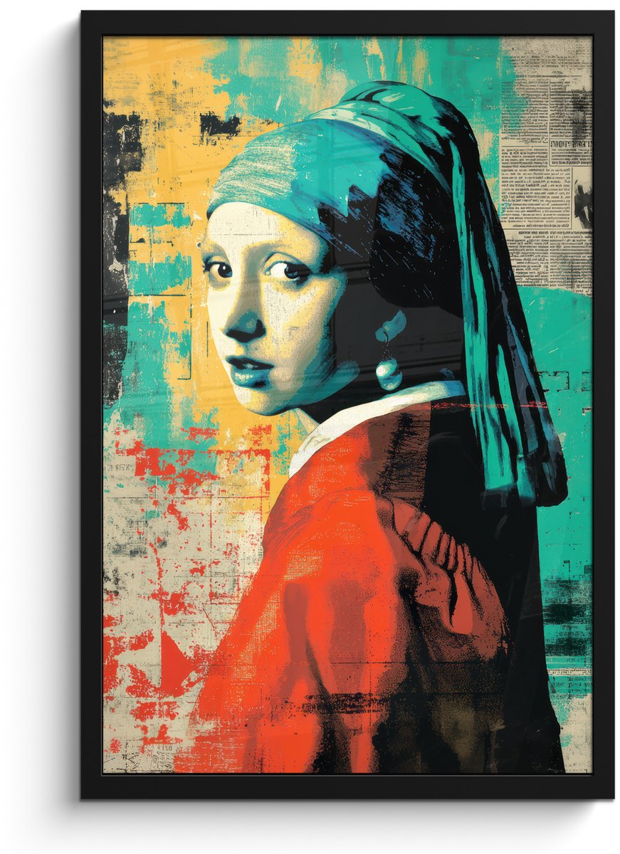 FrameYourWall Poster in lijst - Fotolijst 40x60 cm - Posters - Klassiek - Pareloorbel - Streetartstijl - Kleurrijk - Posterlijst zwart - Decoratie - Wanddecoratie woonkamer - Muurdecoratie slaapkamer Vrouw - Klassiek - Pareloorbel