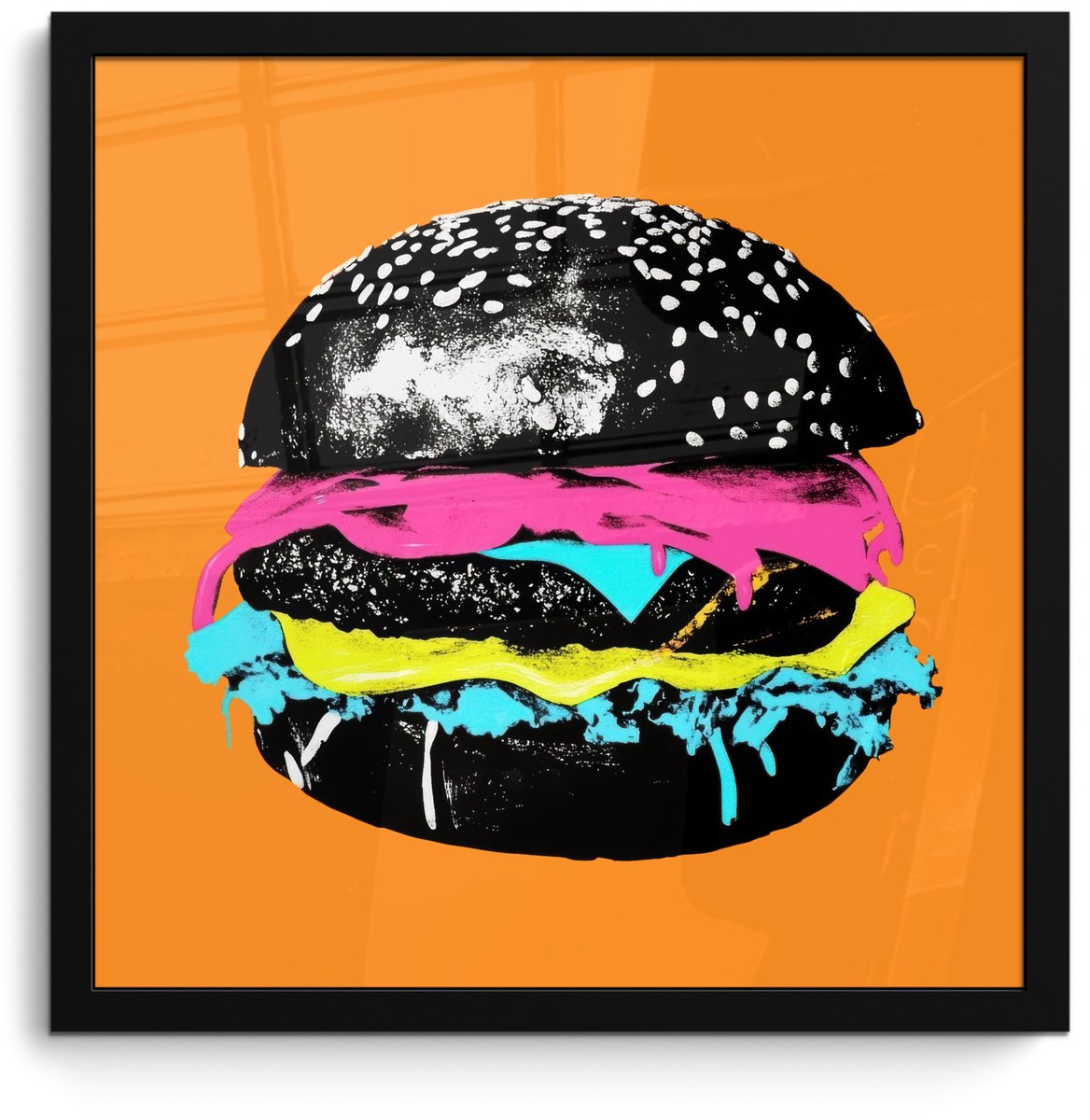 FrameYourWall Poster in lijst - Fotolijst 40x40 cm - Posters - Hamburger - Oranje - Neon - popart - Posterlijst zwart - Decoratie - Wanddecoratie woonkamer - Muurdecoratie slaapkamer Hamburger - popart