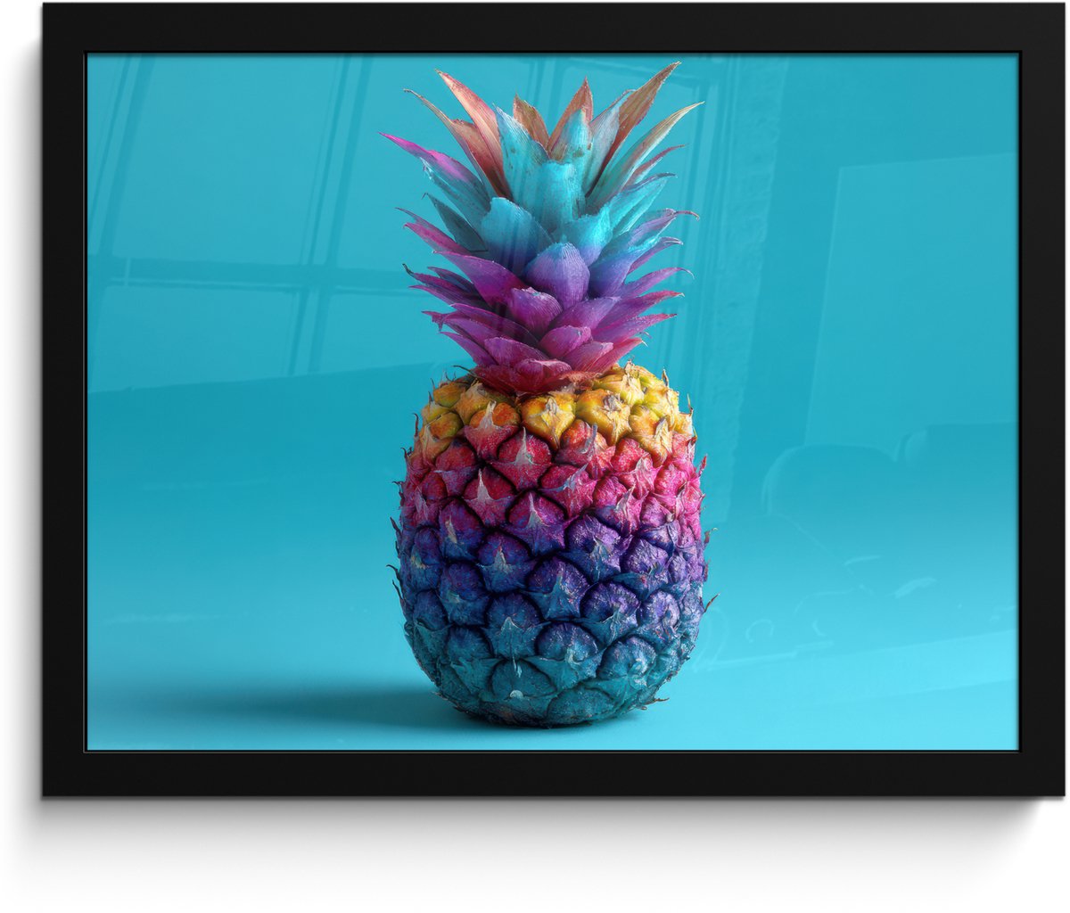 FrameYourWall Poster in lijst - Fotolijst 40x30 cm - Posters - Ananas - Regenboog - Blauw - Popart - Posterlijst zwart - Decoratie - Wanddecoratie woonkamer - Muurdecoratie slaapkamer