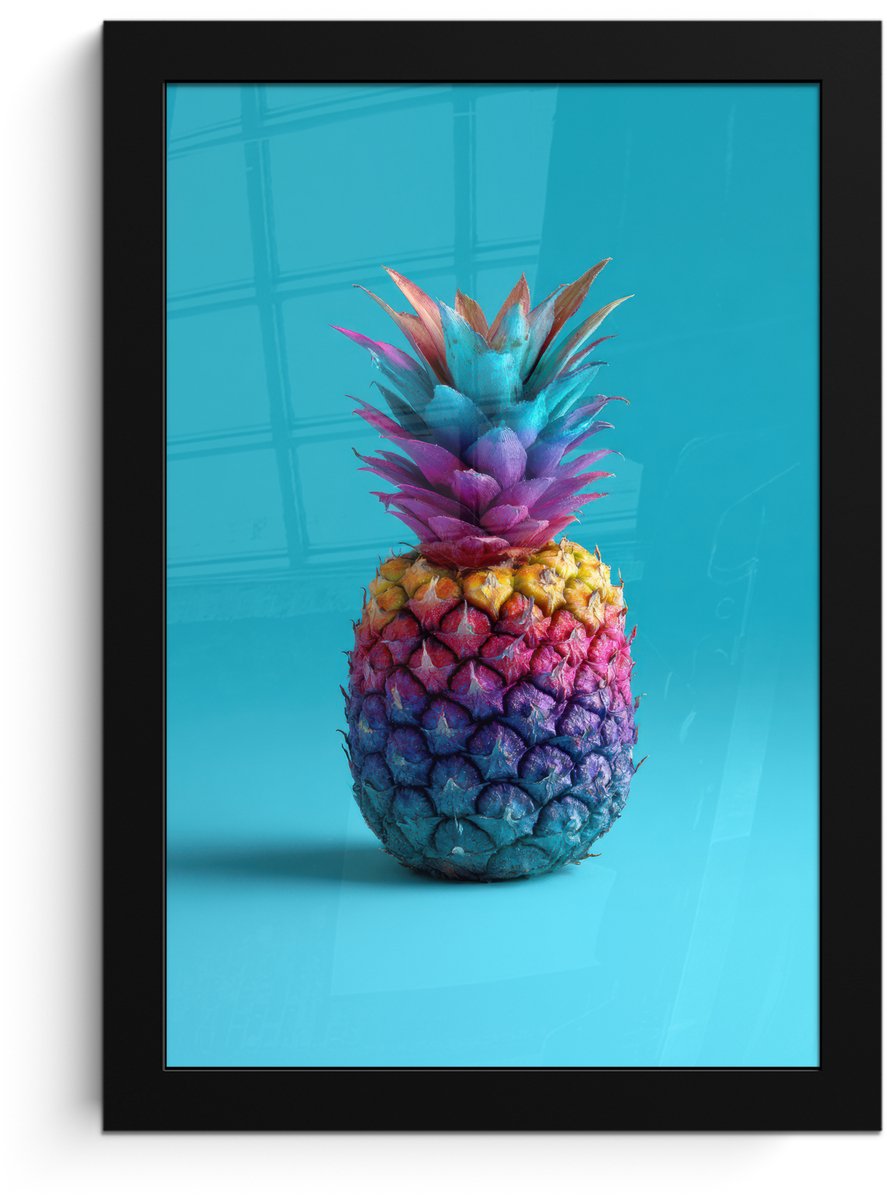 FrameYourWall Poster in lijst - Fotolijst 20x30 cm - Posters - Ananas - Regenboog - Blauw - Popart - Posterlijst zwart - Decoratie - Wanddecoratie woonkamer - Muurdecoratie slaapkamer