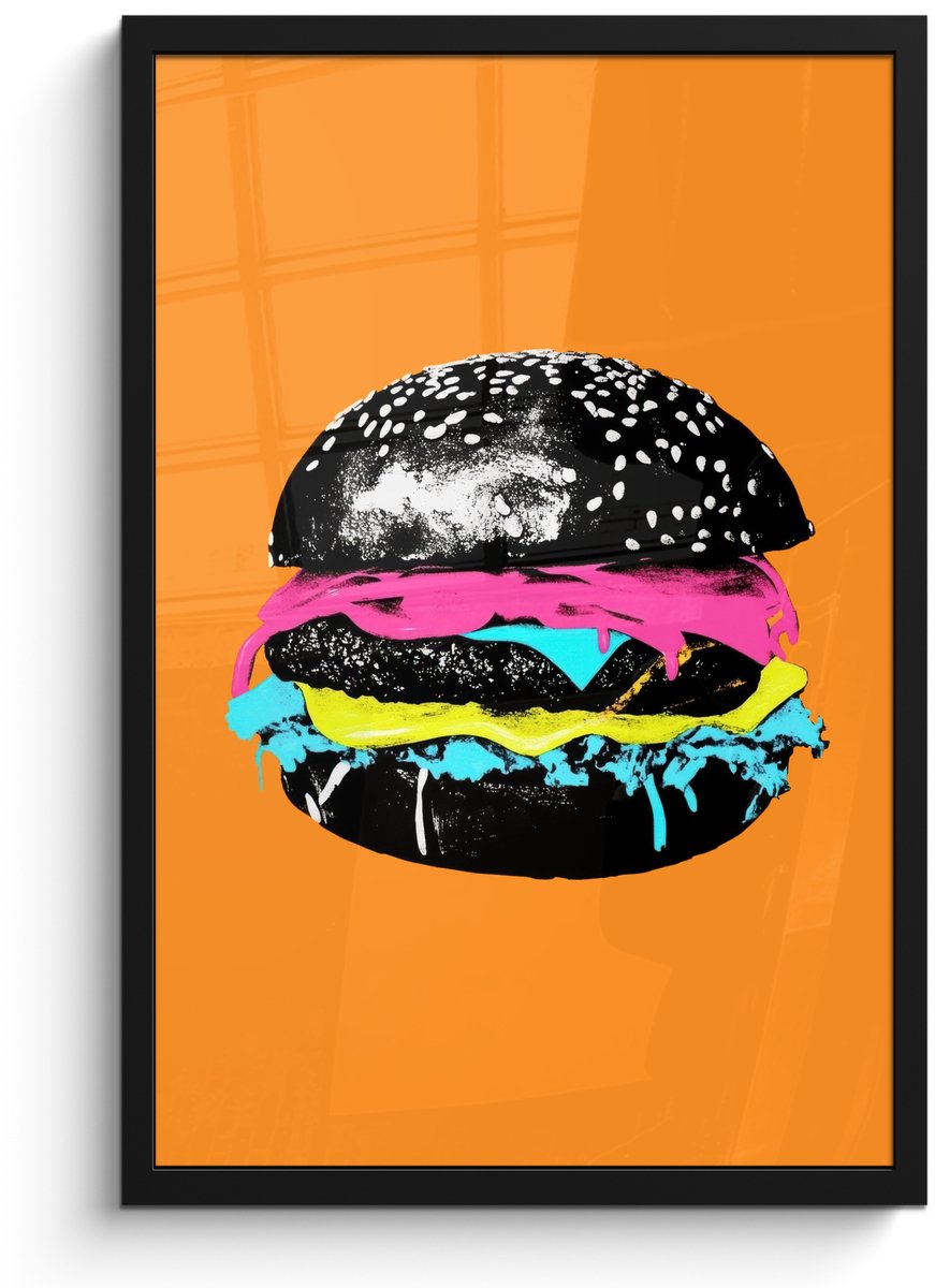 FrameYourWall Poster in lijst - Fotolijst 40x60 cm - Posters - Hamburger - Oranje - Neon - popart - Posterlijst zwart - Decoratie - Wanddecoratie woonkamer - Muurdecoratie slaapkamer Hamburger - popart