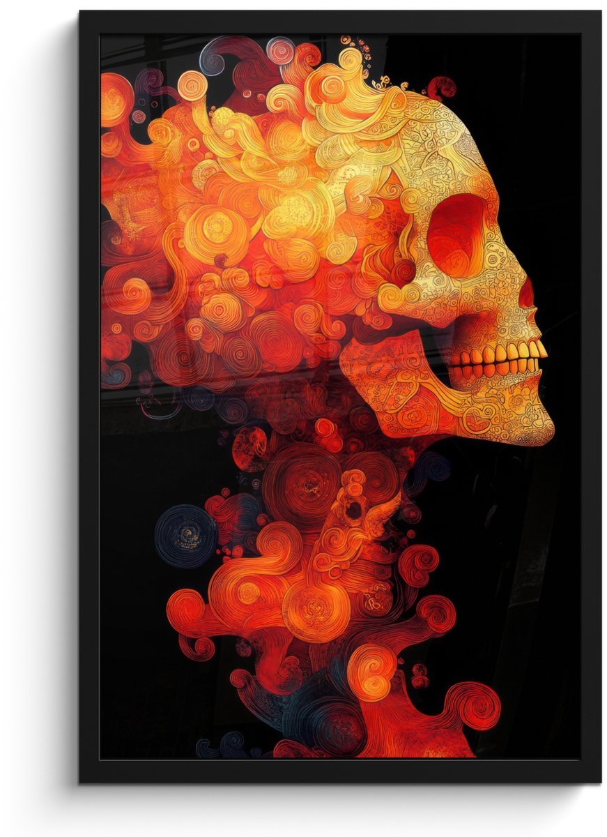 FrameYourWall Poster in lijst - Fotolijst 40x60 cm - Posters - Schedel - Oranje - Zijaanzicht - Vlammen - Posterlijst zwart - Decoratie - Wanddecoratie woonkamer - Muurdecoratie slaapkamer Schedel - Vlammen