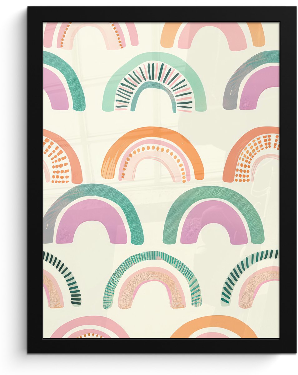 FrameYourWall Poster in lijst - Fotolijst 30x40 cm - Posters - Regenboog - Pastel - Patroon - Posterlijst zwart - Decoratie - Wanddecoratie woonkamer - Muurdecoratie slaapkamer Regenbogen - Stippen - Strepen