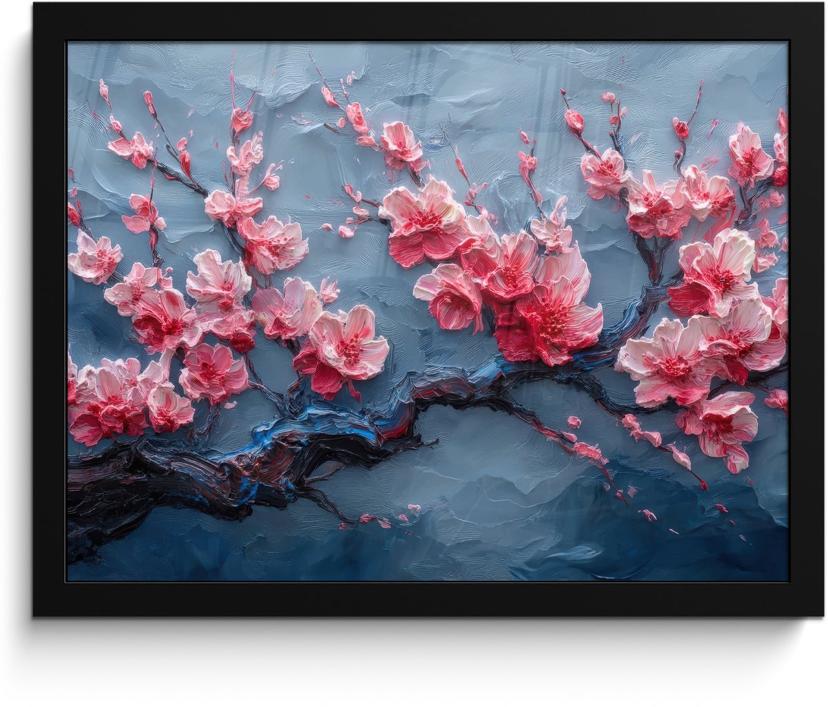 FrameYourWall Poster in lijst - Fotolijst 40x30 cm - Posters - Bloesem - Bloem - Roze - Tak - Posterlijst zwart - Decoratie - Wanddecoratie woonkamer - Muurdecoratie slaapkamer Bloesem - Tak