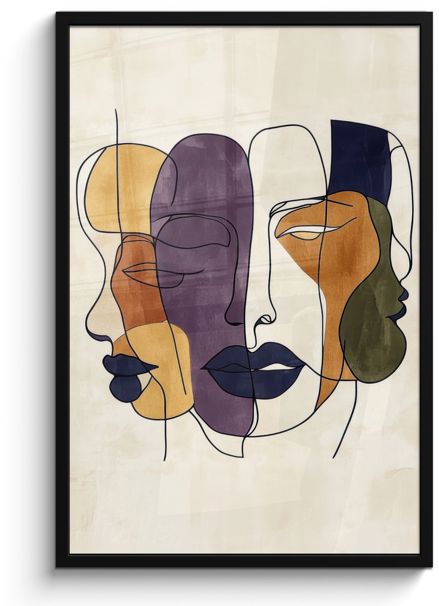 FrameYourWall Poster in lijst - Fotolijst 60x90 cm - Posters - Abstract - Overlappende gezichten - Paars - Donkergroen - Posterlijst zwart - Decoratie - Wanddecoratie woonkamer - Muurdecoratie slaapkamer Abstract - Gezichten