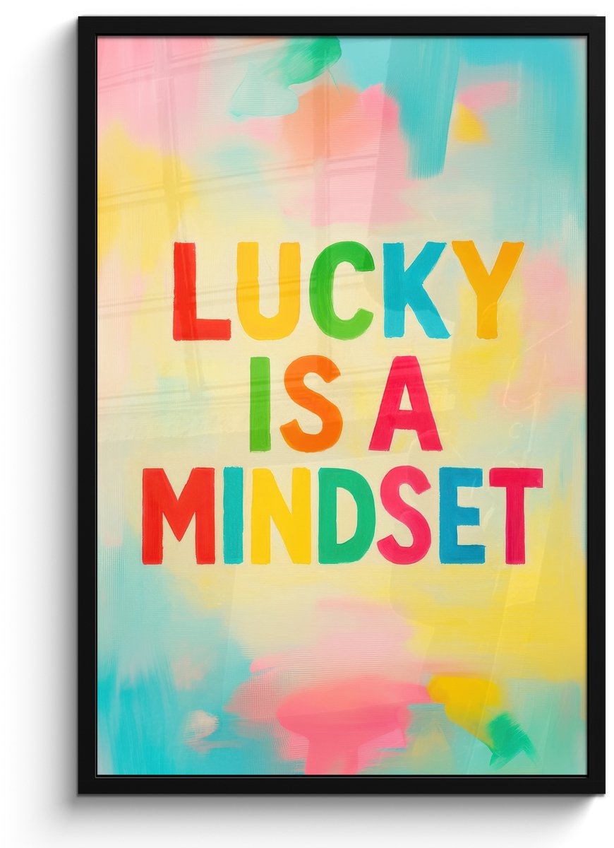 FrameYourWall Poster in lijst - Fotolijst 60x90 cm - Posters - Quote - Lucky - Regenboogkleuren - Posterlijst zwart - Decoratie - Wanddecoratie woonkamer - Muurdecoratie slaapkamer Quote - Lucky - Kleurrijk