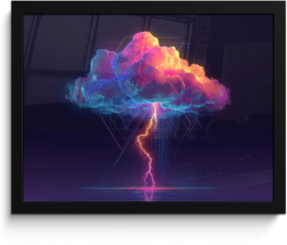 FrameYourWall Poster in lijst - Fotolijst 40x30 cm - Posters - Donderwolk - Bliksemschicht - Licht - Blauw - Posterlijst zwart - Decoratie - Wanddecoratie woonkamer - Muurdecoratie slaapkamer Wolk - Bliksemschicht - Driehoeken