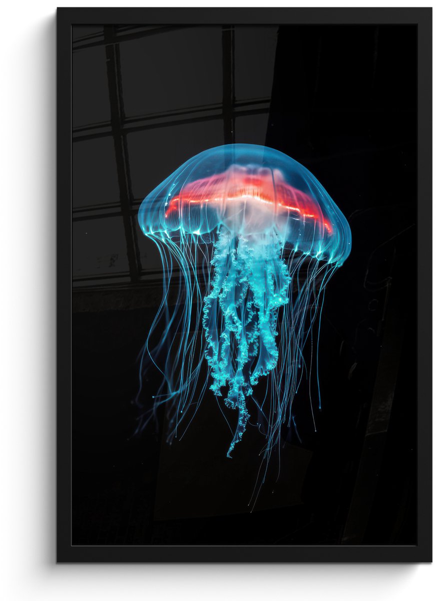 FrameYourWall Poster in lijst - Fotolijst 40x60 cm - Posters - Kwal - Tentakels - Blauw - Licht - Posterlijst zwart - Decoratie - Wanddecoratie woonkamer - Muurdecoratie slaapkamer Kwal - Tentakels - Licht