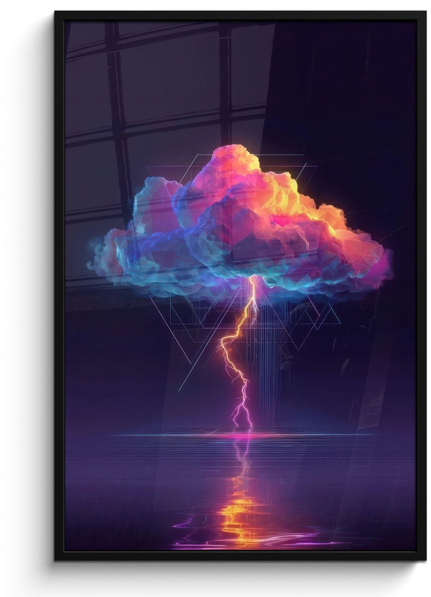 FrameYourWall Poster in lijst - Fotolijst 80x120 cm - Posters - Donderwolk - Bliksemschicht - Licht - Blauw - Posterlijst zwart - Decoratie - Wanddecoratie woonkamer - Muurdecoratie slaapkamer Wolk - Bliksemschicht - Driehoeken