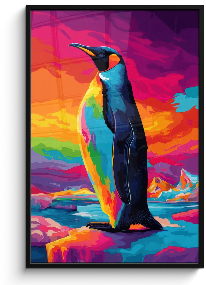 FrameYourWall Poster in lijst - Fotolijst 80x120 cm - Posters - Ijsschots - Pinguïn - Abstract - Lucht - Posterlijst zwart - Decoratie - Wanddecoratie woonkamer - Muurdecoratie slaapkamer Pinguïn - Kleurrijk
