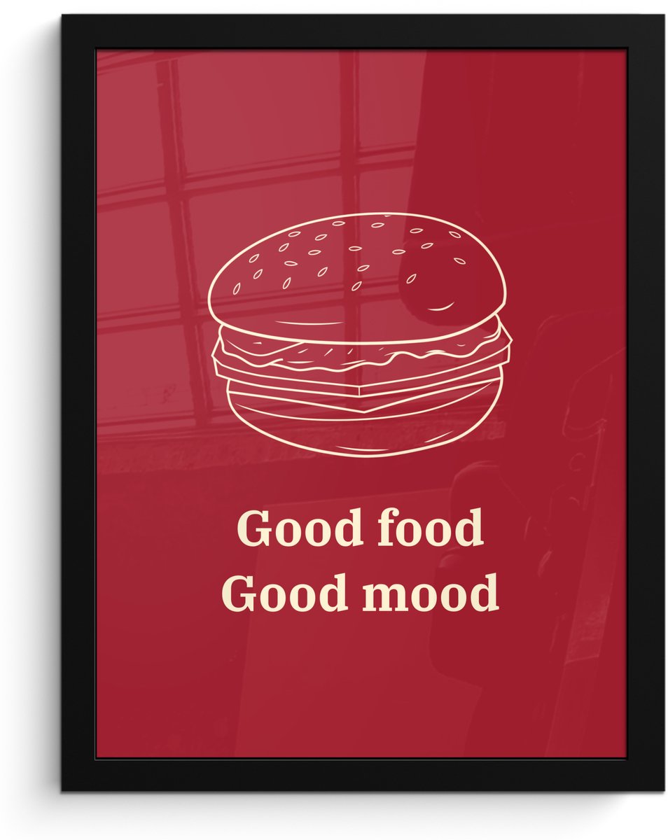 FrameYourWall Poster in lijst - Fotolijst 30x40 cm - Posters - Dieprood - Lijntekening - Tekst - Hamburger - Posterlijst zwart - Decoratie - Wanddecoratie woonkamer - Muurdecoratie slaapkamer Hamburger - Lijntekening