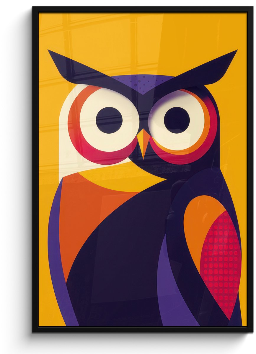 FrameYourWall Poster in lijst - Fotolijst 80x120 cm - Posters - Uil - Grafisch - Kleurrijk - Ogen - Posterlijst zwart - Decoratie - Wanddecoratie woonkamer - Muurdecoratie slaapkamer Uil - Ogen