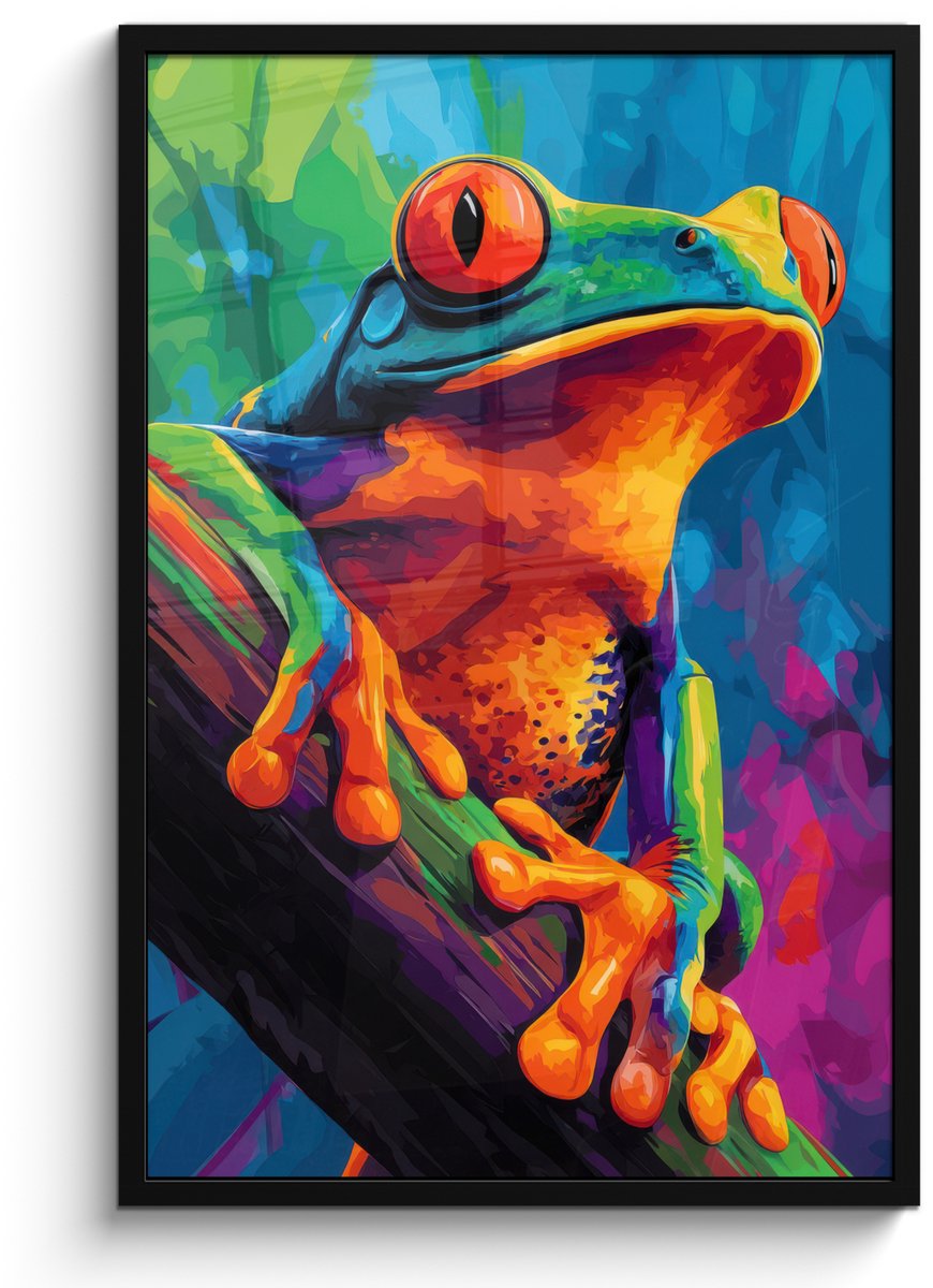 FrameYourWall Poster in lijst - Fotolijst 60x90 cm - Posters - Kikker - Felgekleurd - Tak - Regenboog - Posterlijst zwart - Decoratie - Wanddecoratie woonkamer - Muurdecoratie slaapkamer Kikker - Kleurrijk