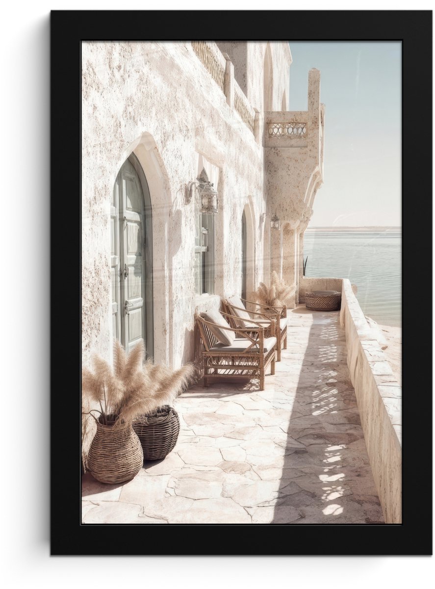 FrameYourWall Poster in lijst - Fotolijst 20x30 cm - Posters - Terras - Stoelen - Strand - Beige - Posterlijst zwart - Decoratie - Wanddecoratie woonkamer - Muurdecoratie slaapkamer Huis - Stoelen - Strand