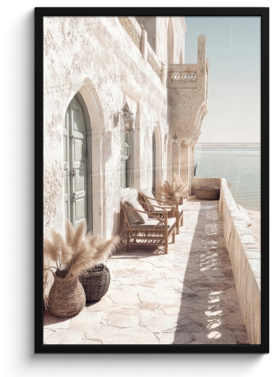 FrameYourWall Poster in lijst - Fotolijst 60x90 cm - Posters - Terras - Stoelen - Strand - Beige - Posterlijst zwart - Decoratie - Wanddecoratie woonkamer - Muurdecoratie slaapkamer Huis - Stoelen - Strand