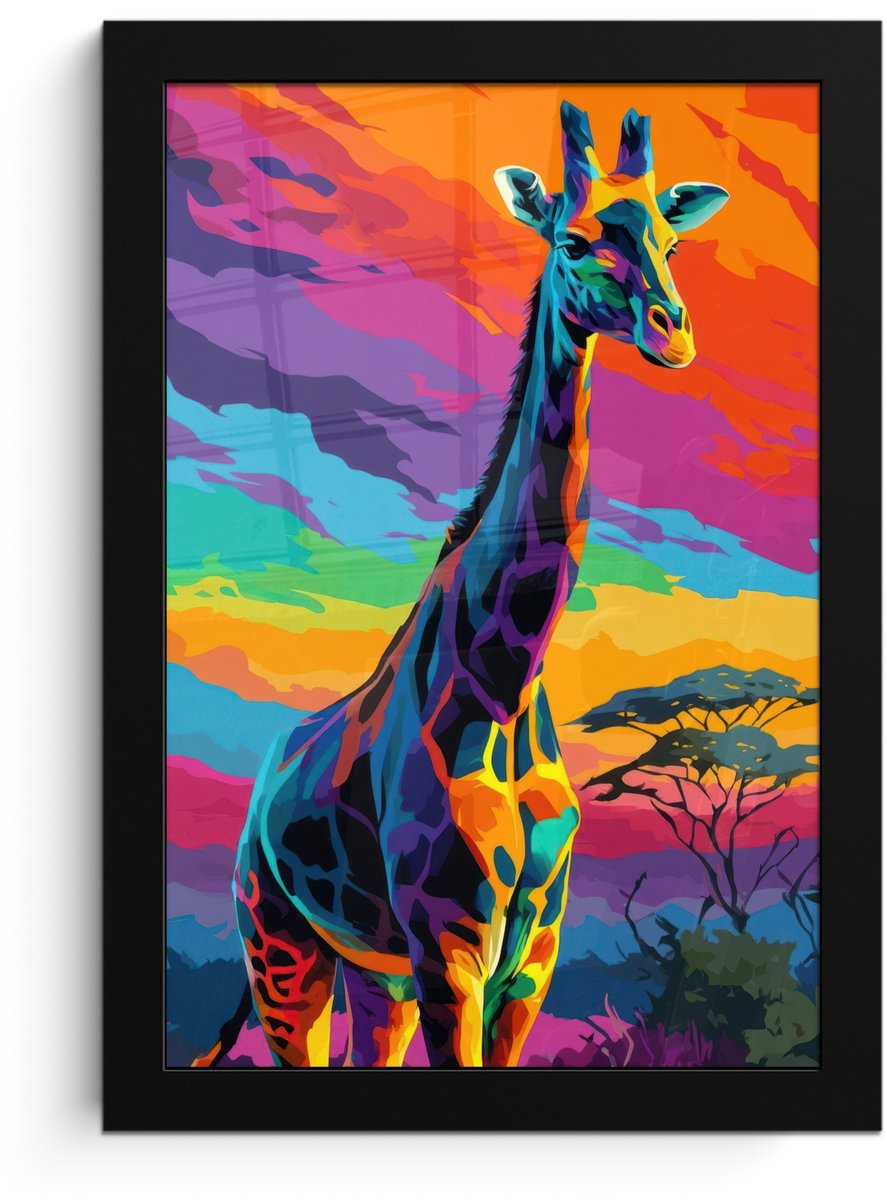 FrameYourWall Poster in lijst - Fotolijst 20x30 cm - Posters - Giraffe - Savanna - Lucht - Gekleurd - Posterlijst zwart - Decoratie - Wanddecoratie woonkamer - Muurdecoratie slaapkamer Giraffe - Kleurrijk