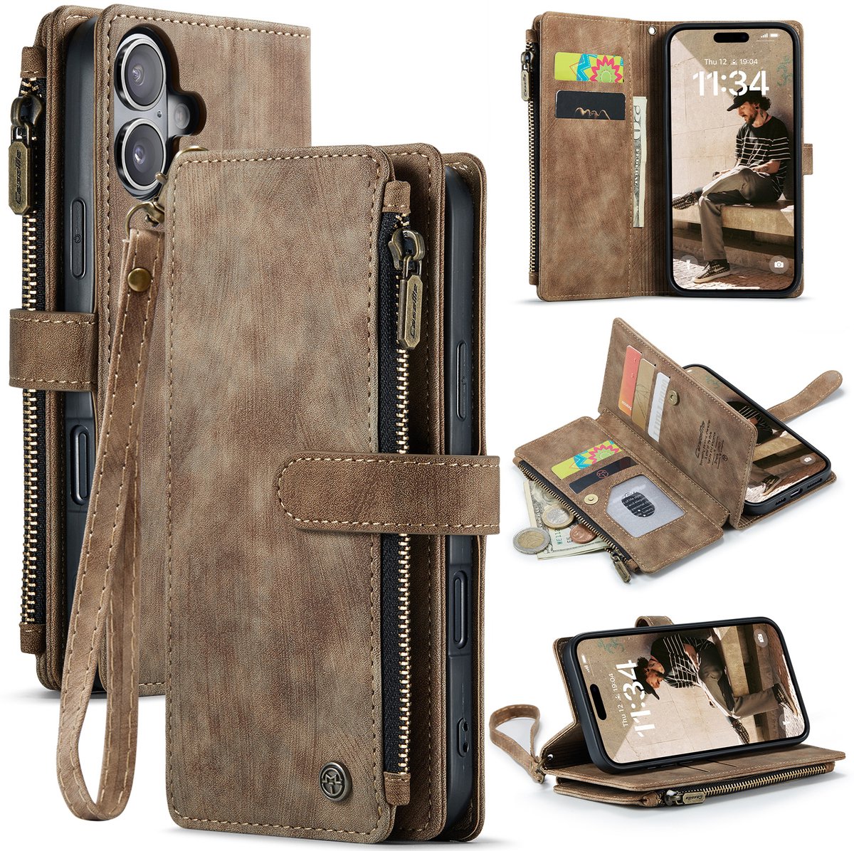 Caseme Geschikt voor iPhone 17 PU leren hoesje - portemonnee - Bruin