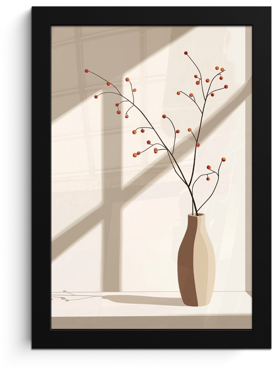 FrameYourWall Poster in lijst - Fotolijst 20x30 cm - Posters - Vaas - Takken - Bessen - Minimalistisch - Posterlijst zwart - Decoratie - Wanddecoratie woonkamer - Muurdecoratie slaapkamer