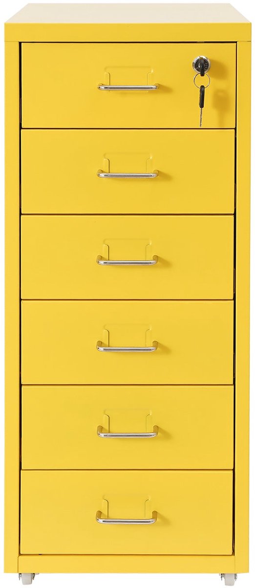 Ladekast Kantoor – Ladeblok Bureau – Opbergkast Schuifladen – Archiefkast Metal – 6 Lades Met Slot – Compact 28x41x69 cm – Koudgewalst Staal Met Wielen