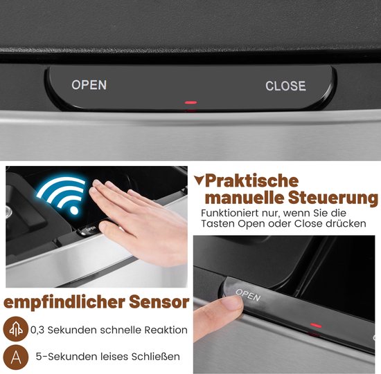 COSTWAY Automatische afvalemmer voor de keuken, 30 l, van roestvrij staal, met band, automatische sensor, zachte sluiting, anti-vingerafdruk
