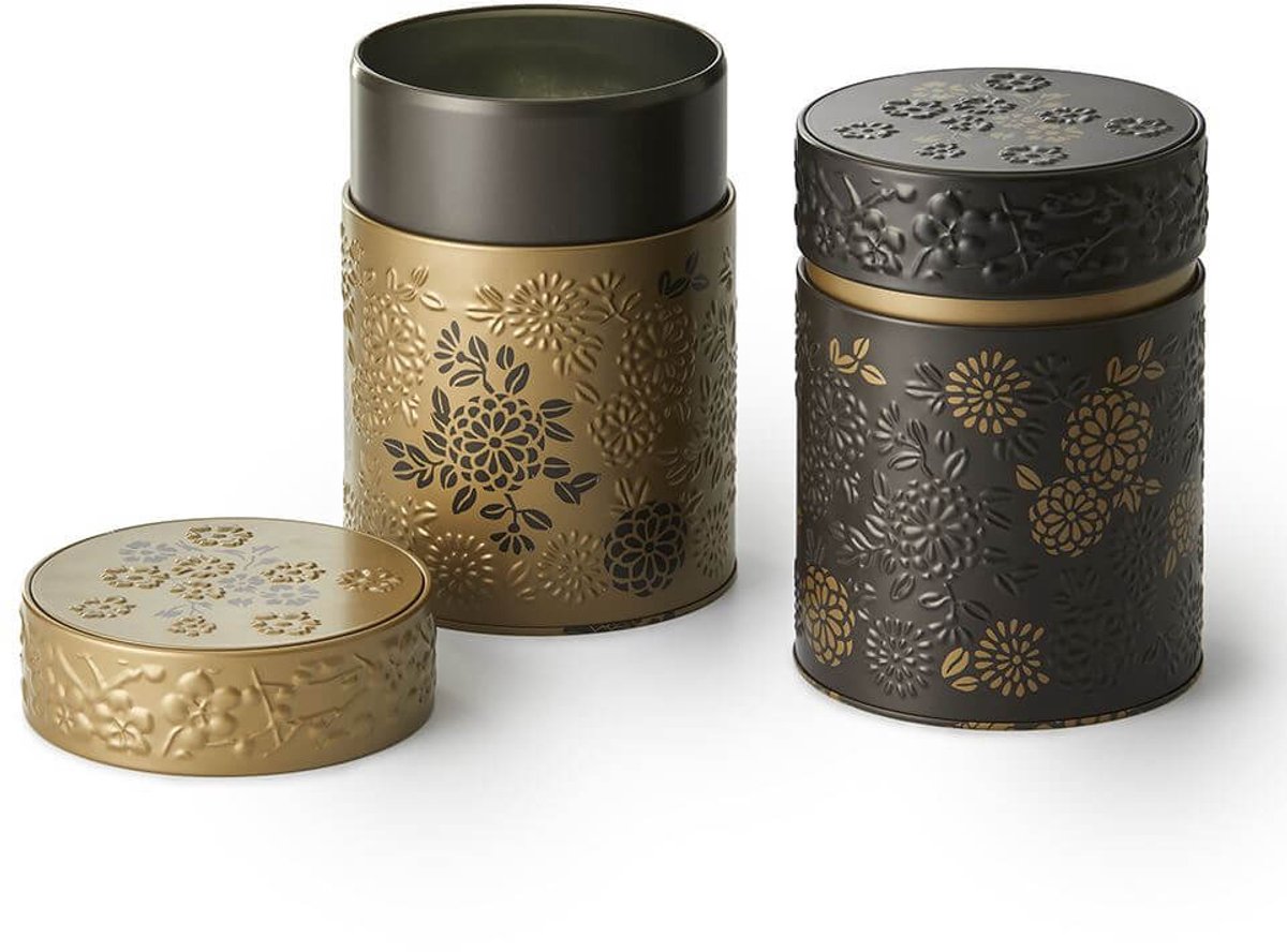 Bewaarblikken Yumiko – set van 2 – 500 gram – Tinplate – Goud & zwart bloemenreliëf – Thee- en koffiebussen met slipdeksel – stijlvol & ruim formaat