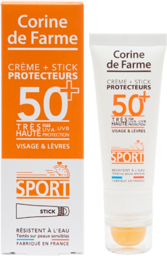 Corine de Farme – Crème + Beschermende Stick SPF50+ – Hoge zonbescherming – Monoï uit Tahiti – Parfumvrij – Waterbestendig – Draagbaar formaat – Gemaakt in Frankrijk