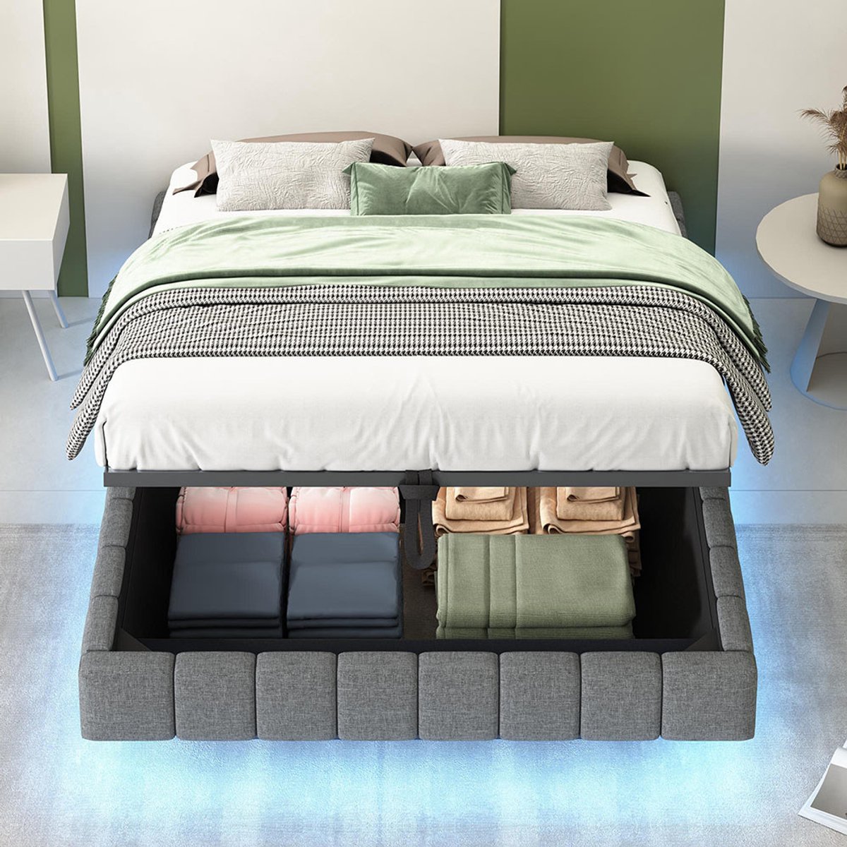 BLACKCOLORS Gestoffeerd bed 140x200 cm, hydraulisch zwevend bedframe met opbergruimte, multifunctioneel gestoffeerd bed zonder hoofdeinde met ledverlichting, grijs linnen