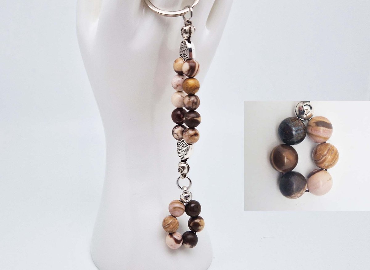 Handgemaakte Natuurstenen Sleutelhanger " Australia zebra jasper "- Met metaal hanger - 8 mm diameter van de korrel- Mooie accessoire en decoratie voor de auto-Vaderdag Cadeau -Moderdag Cadeau - Cadeau vrienden