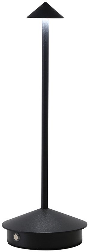 Lampe de table LED sans fil noire avec un abat-jour pyramidal.