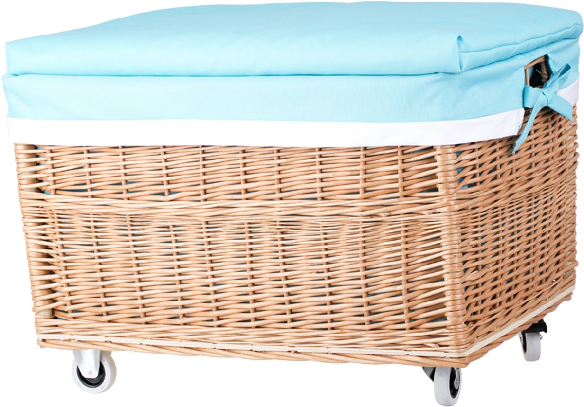 The Wicker Stories – Rieten kisten op wielen met deksel – Handgevlochten rotan, met blauwe stoffen voering – Stevige bodem, mobiel ontwerp – Ideaal voor speelgoed en opbergen – Made in Europe