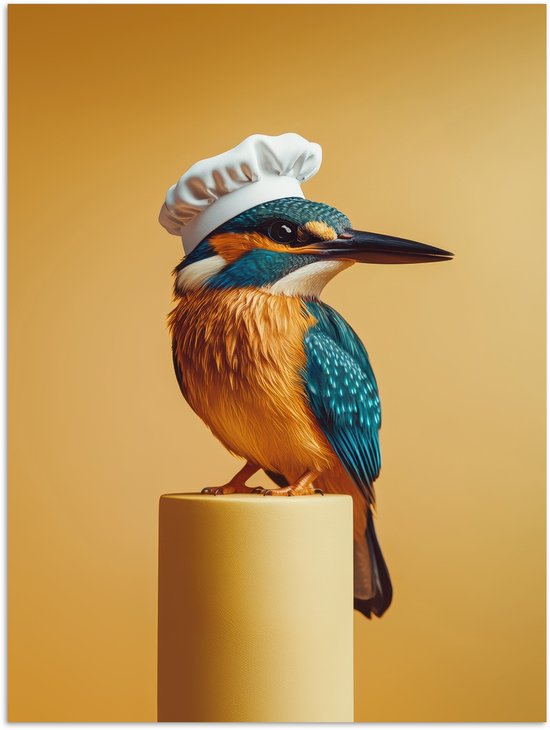 Gedetailleerde ijsvogel met koksmuts op een gele cilinder, op een gele achtergrond.