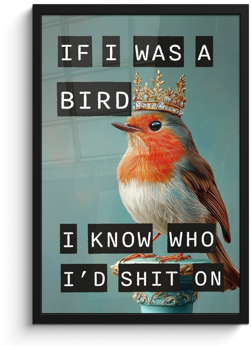 FrameYourWall Poster in lijst - Fotolijst 40x60 cm - Posters - Roodborstje - Vogel - Blauw - Decoratie - Posterlijst zwart - Decoratie - Wanddecoratie woonkamer - Muurdecoratie slaapkamer Tekst - Vogel