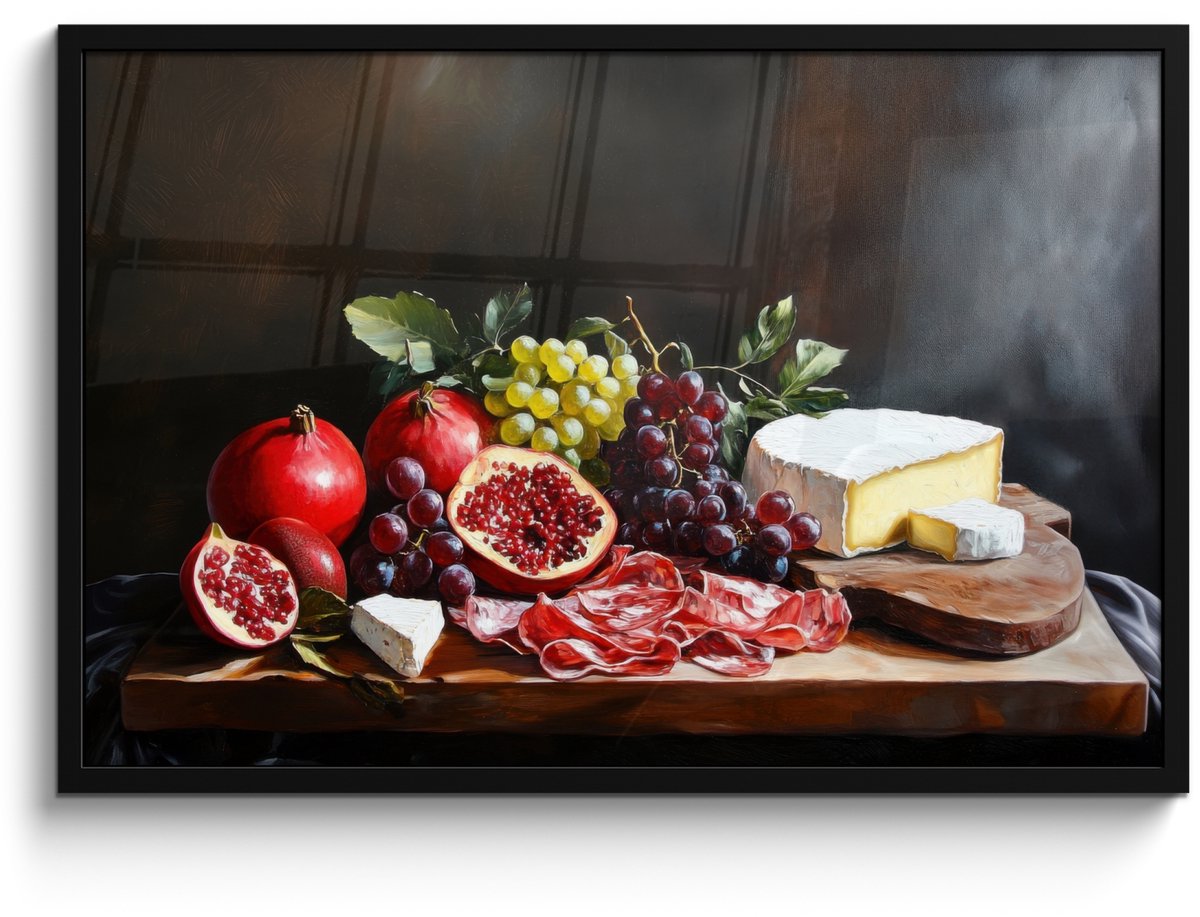FrameYourWall Poster in lijst - Fotolijst 90x60 cm - Posters - Borrelplank - Stilleven - Vintage - Posterlijst zwart - Decoratie - Wanddecoratie woonkamer - Muurdecoratie slaapkamer Fruitplank - Stilleven