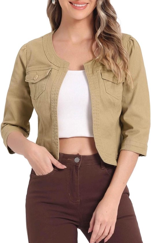 Vetinee Jeansjack voor dames, lange mouwen, stretchy jeans jas met zak, blauw, L