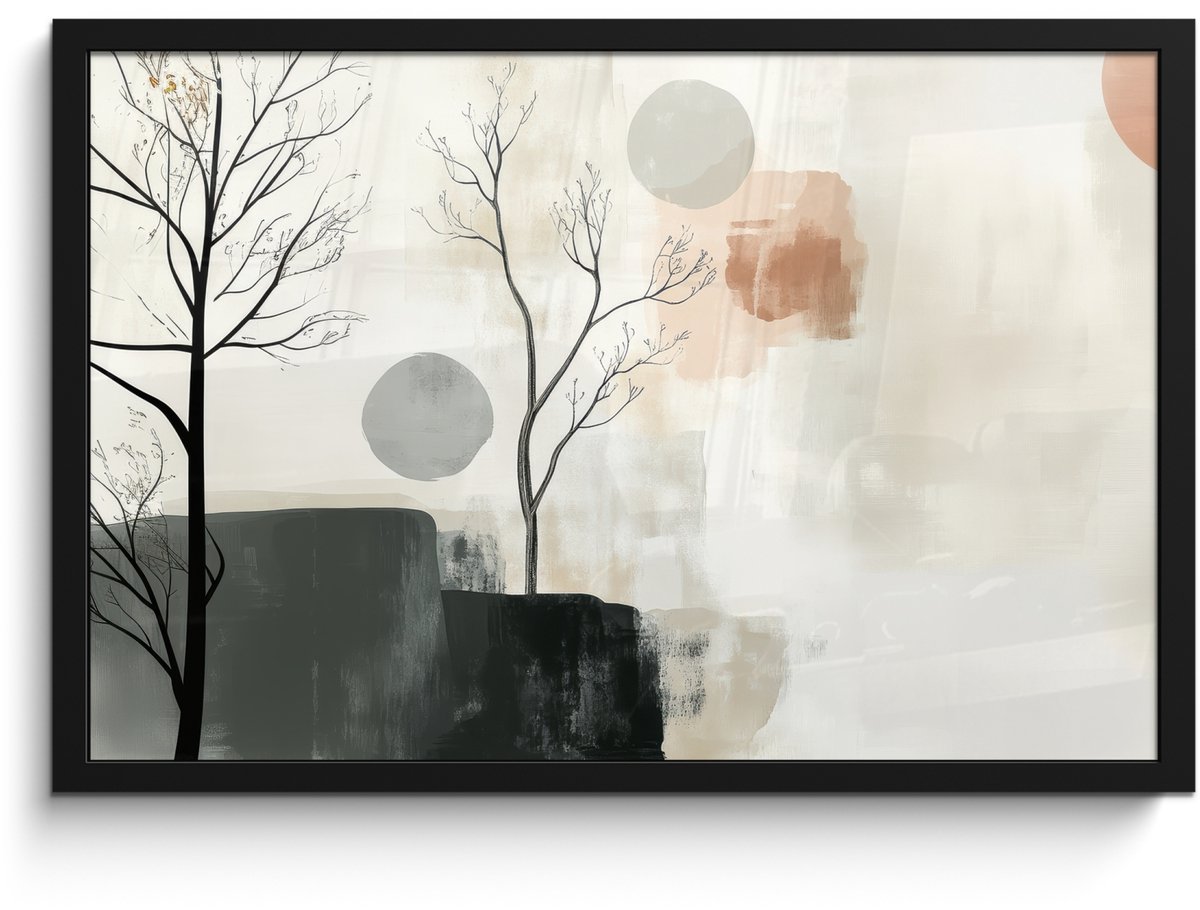 FrameYourWall Poster in lijst - Fotolijst 60x40 cm - Posters - Wabi sabi - Beige - Plant - Posterlijst zwart - Decoratie - Wanddecoratie woonkamer - Muurdecoratie slaapkamer Japandi - Natuur