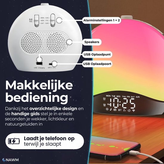 NAWM® Premium Wake Up Light - Digitale Wekker - Lichtwekker - Nachtlampje - Wekker - Bluetooth - 20 Helderheid niveaus - 25 Ontspanningsgeluiden - Incl. Nederlandse handleiding, EU stekker & Slaapgids