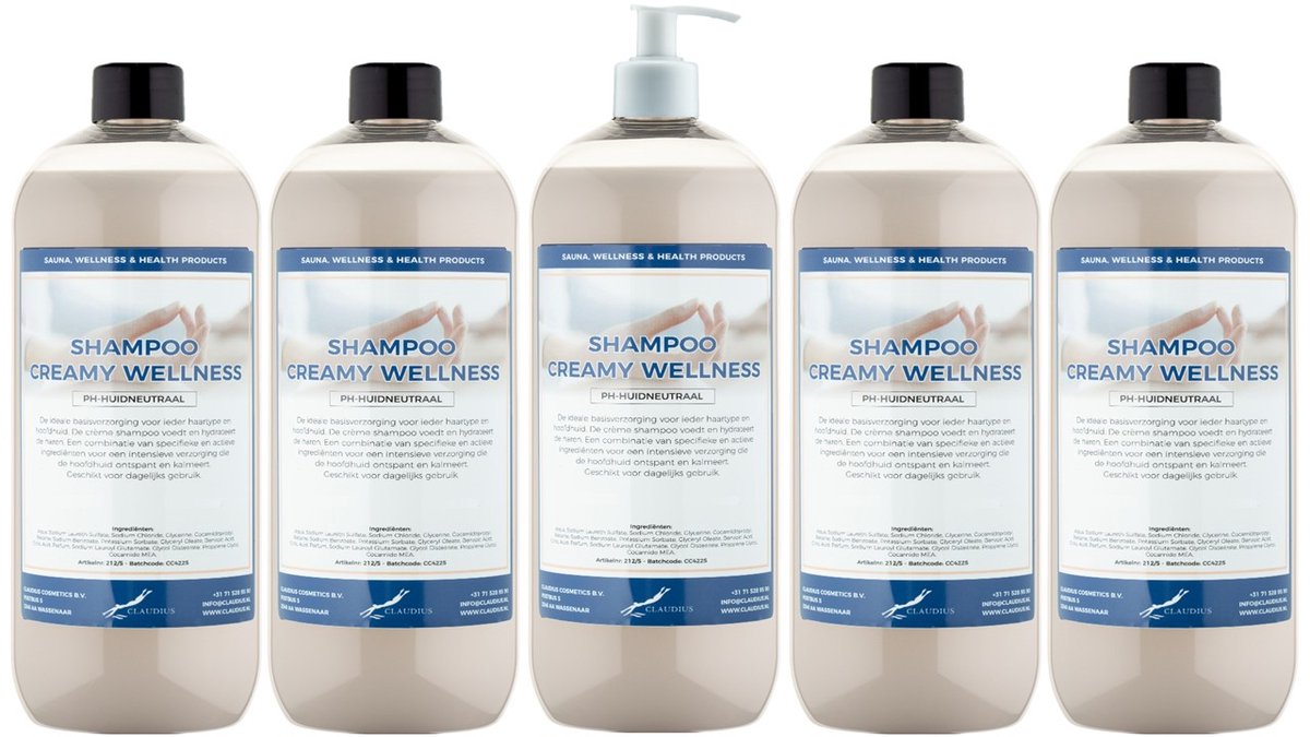 Shampoo Creamy Wellness - 1 liter (transparant) - 5 stuks - met witte pomp - Voordeelverpakking - Haarverzorging