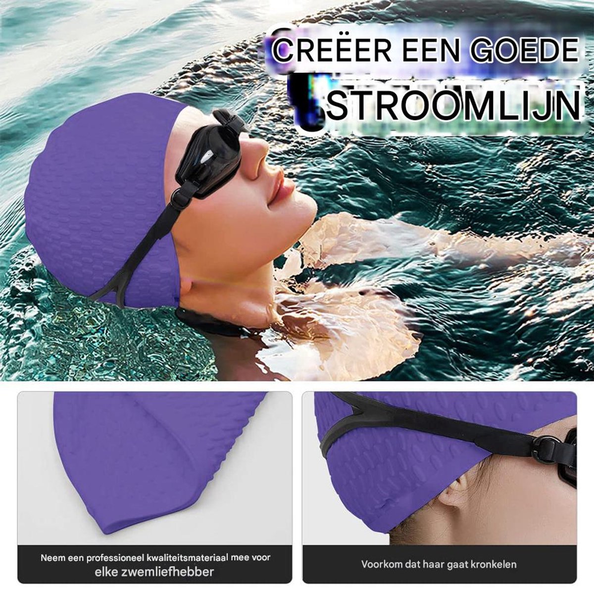 TuseRxln Badmuts Dames - Swimming Cap - Waterdicht en Elastisch - 1 - Voor Dames, Lila — afbeelding 4