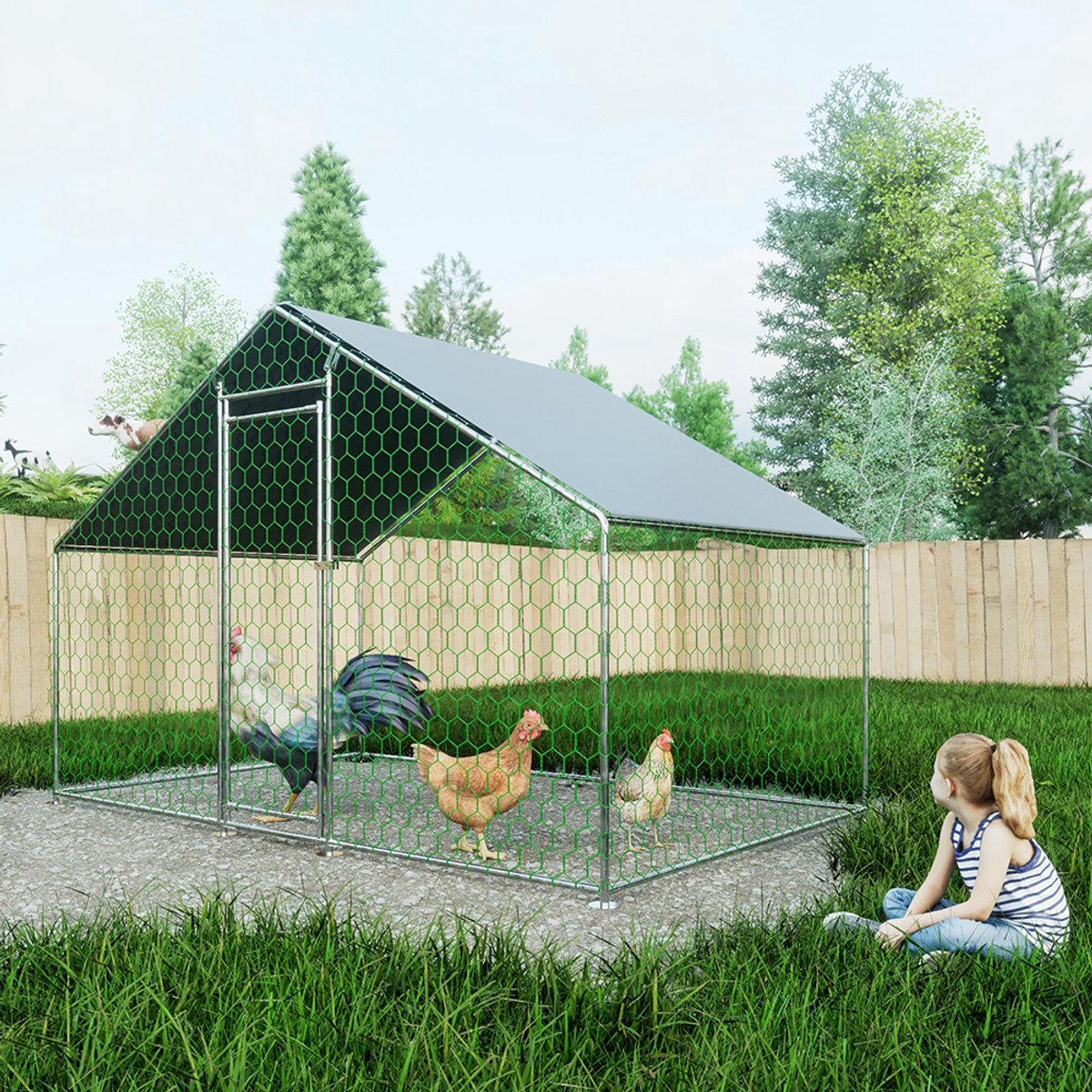 BLACKCOLORS Buitenhok voor kippen 3x2x2m met veiligheidsslot en waterdicht PE-doek, metalen buitenhok voor kippen, konijnen en andere kleine dieren