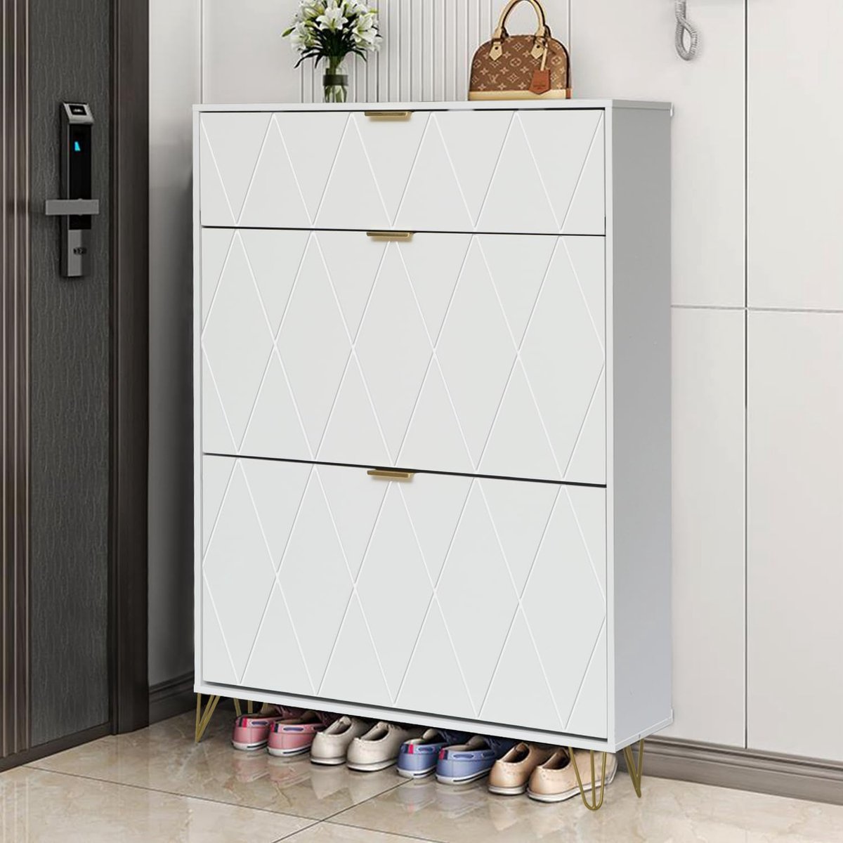 UEV Kantelbare schoenenkast, schoenenrek voor 16 paar, 3 compartimenten (2 schoenenopbergers + 1 verborgen plank) (80 x 24 x 120 cm, wit)